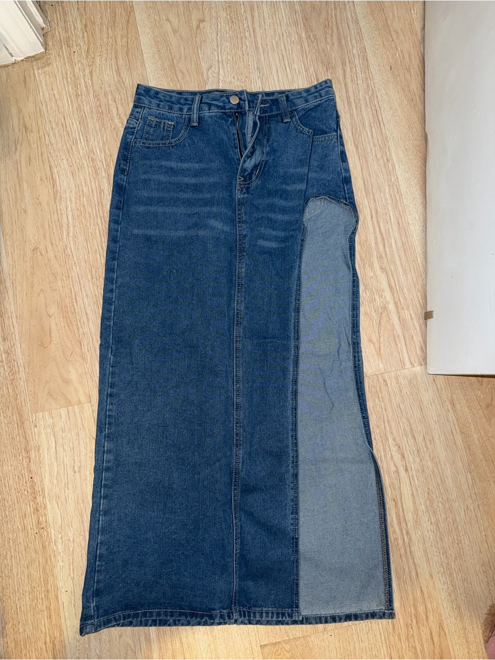 Dark Blue Denim Panel Pencil Skirt - Women's Long Jeans Style